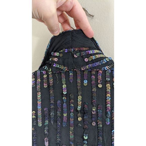 Oilslick rainbow Sequined Beaded long Silk Black Goddess Cardigan Jacket Vintage - Picture 12 of 16